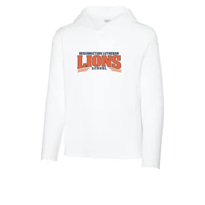 Resurrection Lutheran Arched Lions Logo Youth Long Sleeve Hooded Tee